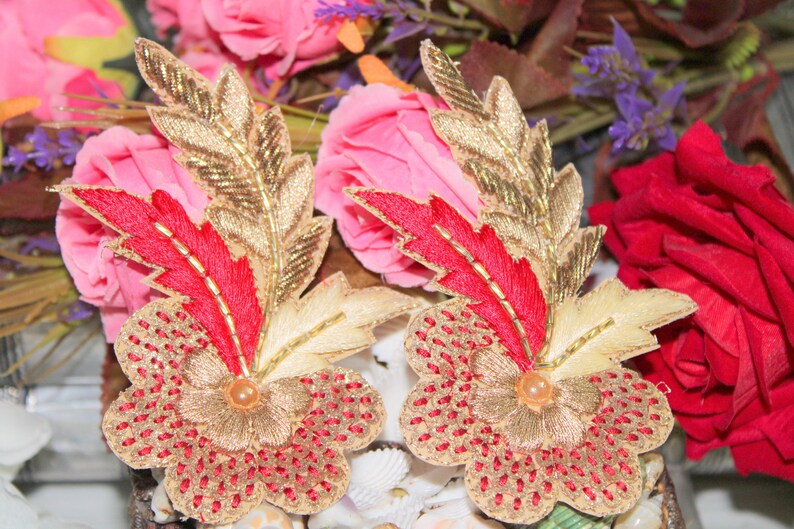 1 Pair Peach Indian patches saree Sew Patches Appliques Decorative Appliques Indian Dresses Patches Beaded Appliques Decor Patches APP162