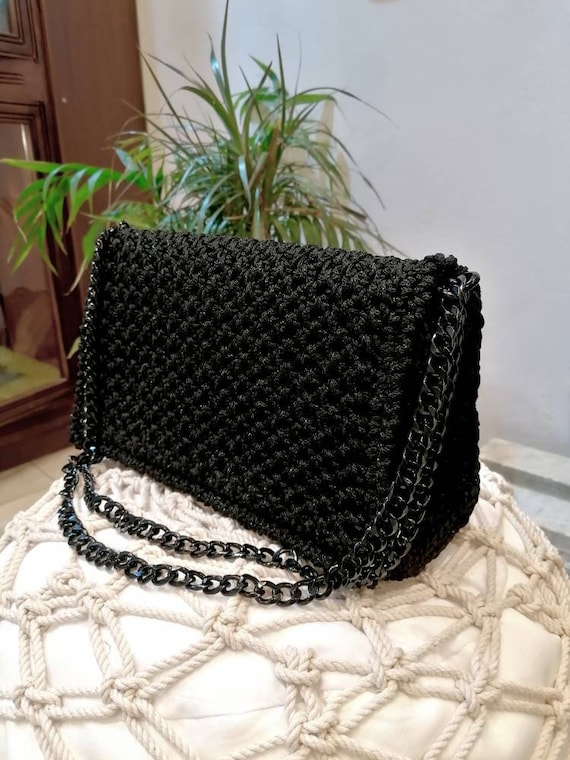 Black Evening Bag Crochet Shoulder Bag Chanel Chain 