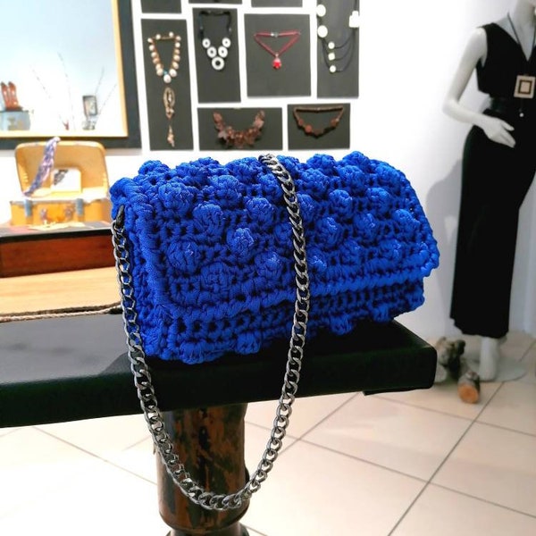 Crochet purse, Women's bag,Evening flap bag, Bubbles Handbag, Chain handle, Royal blue evening bag, More colors, Elegant Fashionable handbag