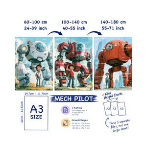 Può includere: Tre grafici di crescita per bambini intitolati MECH PILOT con illustrazioni di bambini accanto a grandi robot. I grafici coprono intervalli di crescita da 60 a 180 cm. Il set include tre file separati in formato A3.