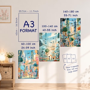 May include: Three height charts featuring futuristic cityscapes with robots and children, available in A3 format or as three separate files ranging from 24 to 71 inches. The charts display measurement scales in both centimeters and inches for tracking growth.