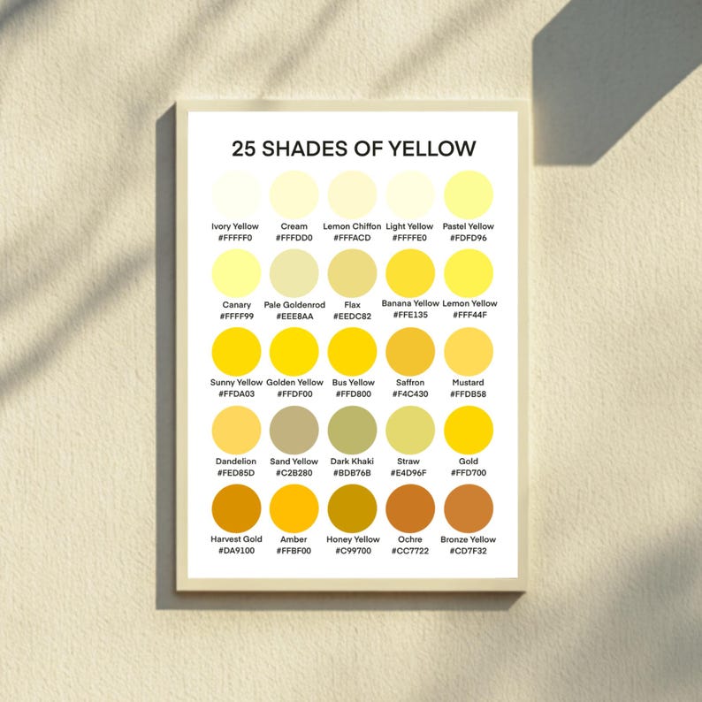 25 Shades of Yellow Color Palette Poster, Printable Wall Art (digital ...