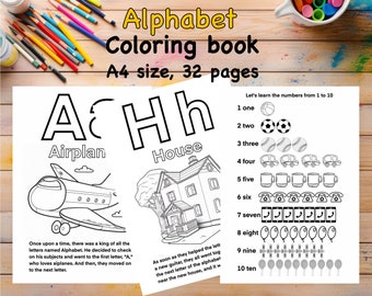 Alphabet coloring activity book for kids, learn numbers and letters. Preschool educational alphabet coloring book for children, read learn