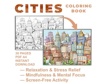 Libro da colorare sulla città, illustrazioni rilassanti di una cittadina, dai 5 anni in su (download immediato in PDF)