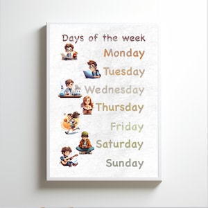 Days of the week printable, A3, A4, A5 size. Poster days of the week wall art for kids, school classroom
