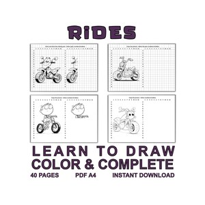May include: A white background features a black and white drawing activity book with the word "RIDES" in purple. The book includes motorcycle illustrations and the text "LEARN TO DRAW COLOR & COMPLETE". It also states "40 PAGES PDF A4 INSTANT DOWNLOAD".