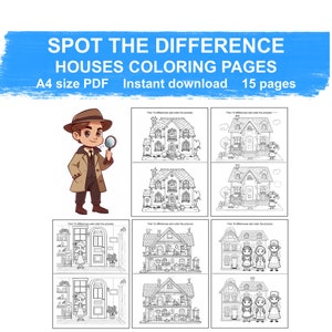 May include: A black and white colouring page featuring a detective with a magnifying glass, looking for differences between two houses. The text "Find 10 differences and colour the pictures" is written above each house.