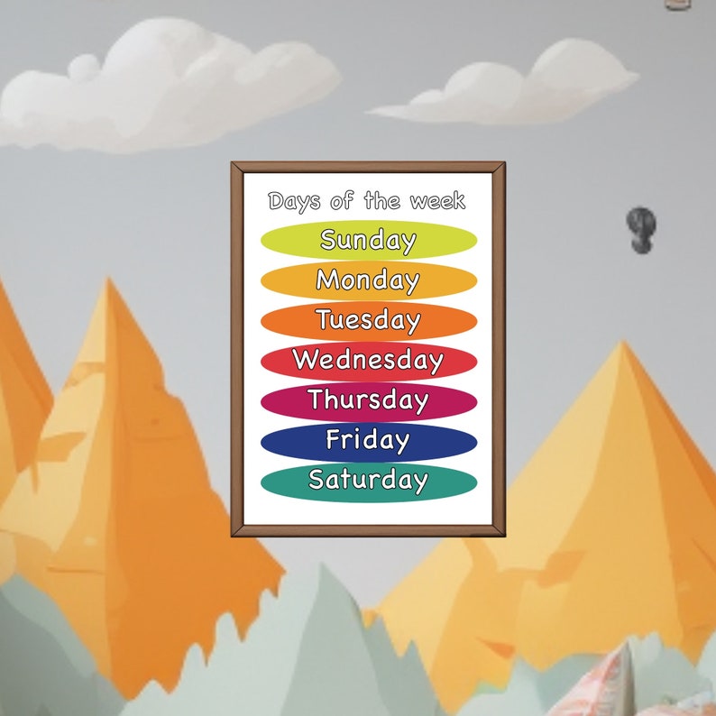 Printable Poster Days of the Week, A4, A5 Size. Preschool Wall Art for ...