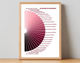 Färgpalettposter med nyanser av vinröd, utskrivbar väggkonst (digital nedladdning)