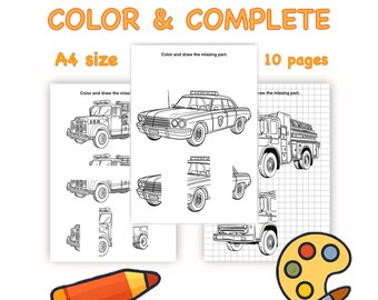 Puede incluir: Un libro para colorear para niños con el texto "COLOR & COMPLETE" y "A4 size" en naranja. El libro presenta dibujos lineales de vehículos, incluido un coche de policía y un camión de bomberos, con partes faltantes para dibujar. Incluye 10 páginas.