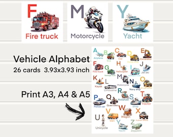 Alphabet preschool activity flashcards with vehicles, alphabet flash cards printable, abc kids pdf printable, alphabet cards digital print