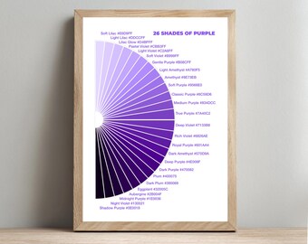 Färgpalettposter med 26 nyanser av lila, utskrivbar väggkonst (digital nedladdning)