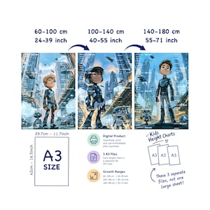 Può includere: Tre metri di crescita digitali per bambini in formato A3, ognuno con una scena di città futuristica con un personaggio e un robot. Intervalli: 60-100 cm, 100-140 cm e 140-180 cm. Include etichette di testo per il formato A3 e file digitali.