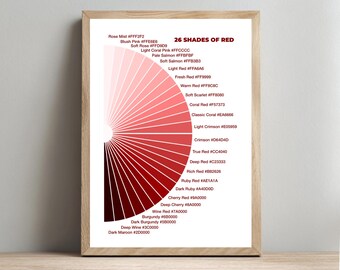 Färgpalettposter med 26 nyanser av rött (digital nedladdning)
