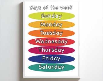 Days of the Week Printable Poster, Preschool Classroom Decor (PDF & JPEG)