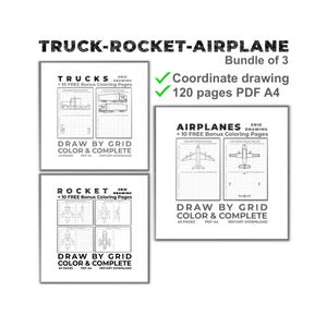 May include: A bundle of three printable drawing guides: trucks, rockets, and airplanes. Each guide includes grid drawings and bonus coloring pages. The text reads "Draw by Grid Color & Complete" and "Bundle of 3".