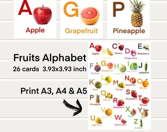 Obst Alphabet Karteikarten, Vorschule zum Ausdrucken (digitaler Download)
