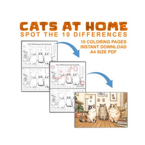 Cats activity book spot the difference, cats coloring pages find 10 differences, kids activity, 6+ years old, pdf