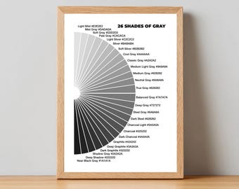 Färgpalettposter med 26 nyanser av grått, utskrivbar väggkonst (digital nedladdning)