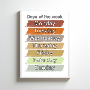 Printable days of the week, A3, A4, A5 size. Preschool days wall art for kids, preschool classroom