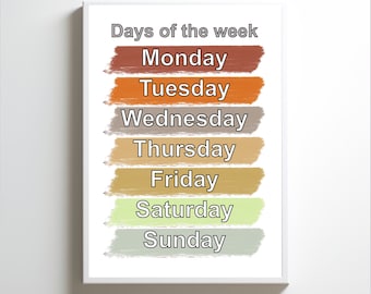 Días de la semana imprimibles, decoración para aulas preescolares (PDF)