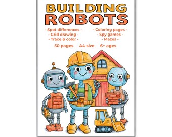 Aktivitetsbok med robotbyggnation för åldrar 6+, robotaktivitetsbok (PDF-nedladdning A4/8,5x11)