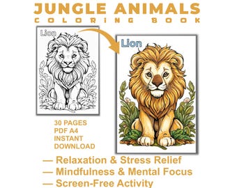 Jungle Animals Coloring Book, Kids Activity (Digital Download)