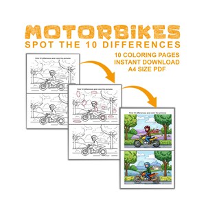 May include: A digital download featuring a "Motorbikes Spot the 10 Differences" coloring book. The cover art shows a stack of pages with motorcycle illustrations, and the text "10 Coloring Pages Instant Download A4 Size PDF".