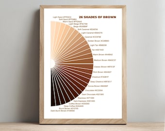 Färgpalettposter med 26 nyanser av brunt, utskrivbar väggkonst (digital nedladdning)