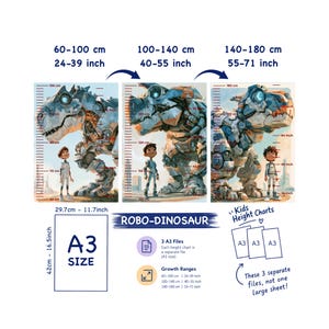 Tabella di crescita a tema dinosauro robot per bambini, grafico di crescita a tema dinosauro robot, decorazione murale futuristica, formato A3 stampabile, decorazione per la cameretta dei ragazzi, cm e pollici