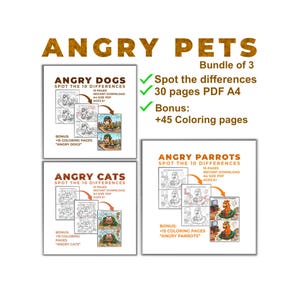 May include: A bundle of three "Angry Pets" activity books. The books include "Angry Dogs", "Angry Cats", and "Angry Parrots", each with "Spot the 10 Differences" puzzles. The bundle includes 30 pages of puzzles and 45 bonus coloring pages.