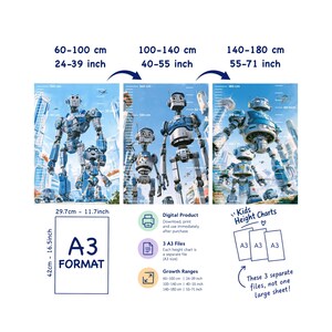Può includere: Tre grafici digitali per misurare l'altezza dei bambini con robot blu e argento in una città. I grafici coprono intervalli di crescita di 60-100 cm, 100-140 cm e 140-180 cm. Include dettagli sul formato A3, icone e testi esplicativi.