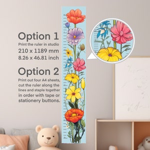 Afdrukbare familie baby hoogtemeter bloemen poster voor muur, wandhoogtemeter cadeau, hoogte tracker voor kinderen