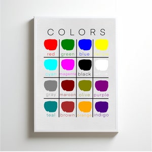 Póster de colores imprimible para la pared, impresión tamaño A4, A5. Colores educativos en el aula para niños, decoración de habitaciones infantiles.