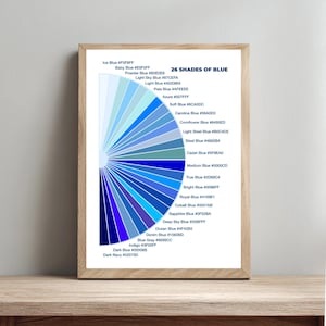 May include: A framed print displays a color palette of 26 shades of blue, ranging from light to dark. The print includes color names and hexadecimal codes, such as "Ice Blue #F0F8FF" and "Dark Navy #020750". The artwork is set against a neutral background.