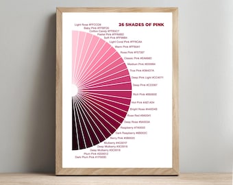 Färgpalettposter med 26 nyanser av rosa, utskrivbar väggkonst (digital nedladdning)