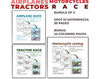 Målarbilder med flygplan, traktorer, motorcyklar och kapplöpning – Hitta skillnaderna (PDF-nedladdning). Paket med 3.