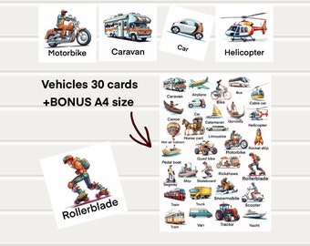 Schede flash per veicoli per bambini piccoli, schede di trasporto, schede flash per automobili, apprendimento dei veicoli, schede flash, schede prescolari, schede didattiche per veicoli