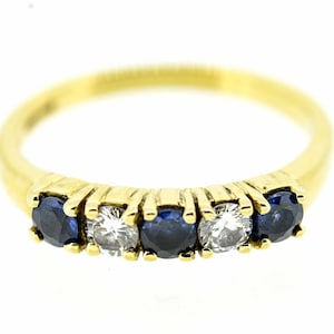 18ct Sapphire And Diamond Five Stone Ring|5 Stone Diamond & Sapphire Ring|18K Yellow Gold Sapphire And Diamond 5 Stone