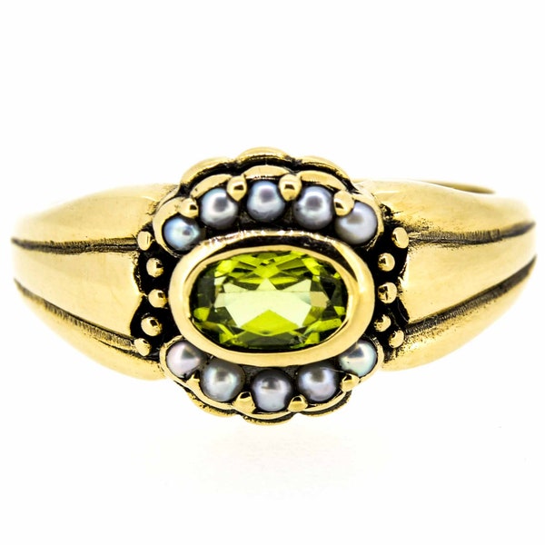 9ct Antique Style Peridot And Seed Pearl | Peridot And Seed Pearl 9ct Vintage Style Ring|Pearl And Peridot Cluster Dress Ring