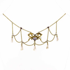 Exquisite Antique Art Nouveau Natural Pearl Amethyst And Diamond Necklace|10K Art Nouveau Necklace |Antique Art Nouveau Pearl Necklace