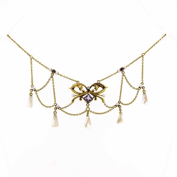 Exquisite Antique Art Nouveau Natural Pearl Amethy
