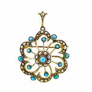 Victorian Turquoise and Pearl Brooch Pendant |9ct Victorian Turquoise and Pearl Brooch Pendant| Pearl And Turquoise 9ct Victorian Pendant