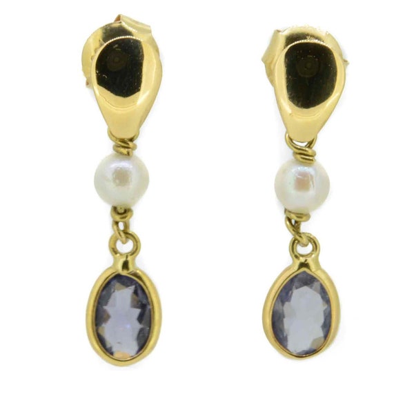 18ct Iolite and Pearl drop earrings,Pearl and Iolite 18ct dangle earrings,Pearl dangle earrings,Iolite drop earrings
