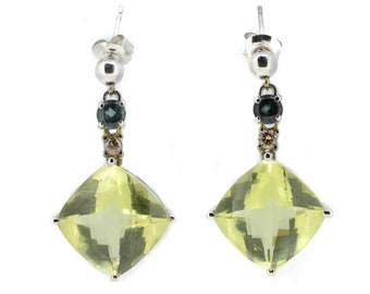 18ct Diamond,Praisiolite,Tourmaline and Drop Earrings,Modern 18ct Dangle Earrings,Unusual Drop Earrings