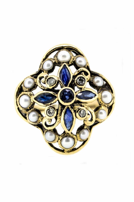 9ct Antique Large Sapphire Diamond And Pearl Ring|