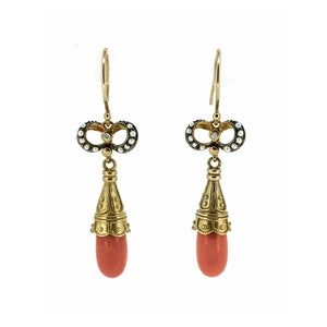 Antique Style Coral,Pearl And Diamond Drop Earrings| Victorian Style Coral Drop Earrings| 9ct Coral,Pearl And Diamond Antique Style Drops