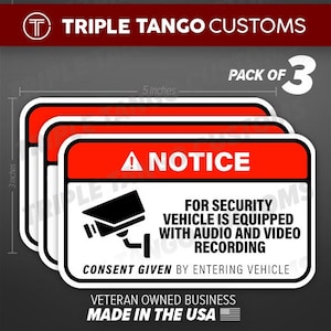 Notice Vehicle is Equipped with Audio Video Recording Security Stickers 3 pack for Uber Lyft Taxi Bus