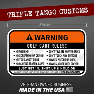 GOLF CART RULES - Warning Funny Vinyl Sticker Safety Instructions Decal 5"