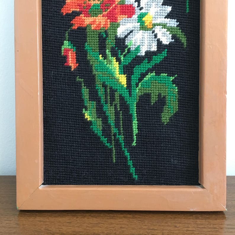 FREE US SHIPPING 70s Vintage Framed Needlepoint / Cross Stitch / Wall Art w Red, White Gray Flowers on a Black Background 7.5 x 18.5 image 4